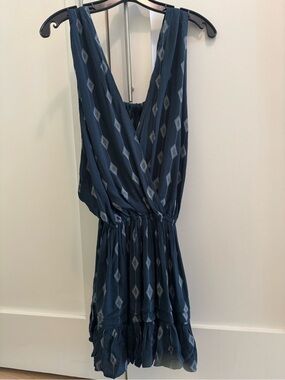 Indah Navy Blue Patterned Sleeveless V-Neck Mini Dress
